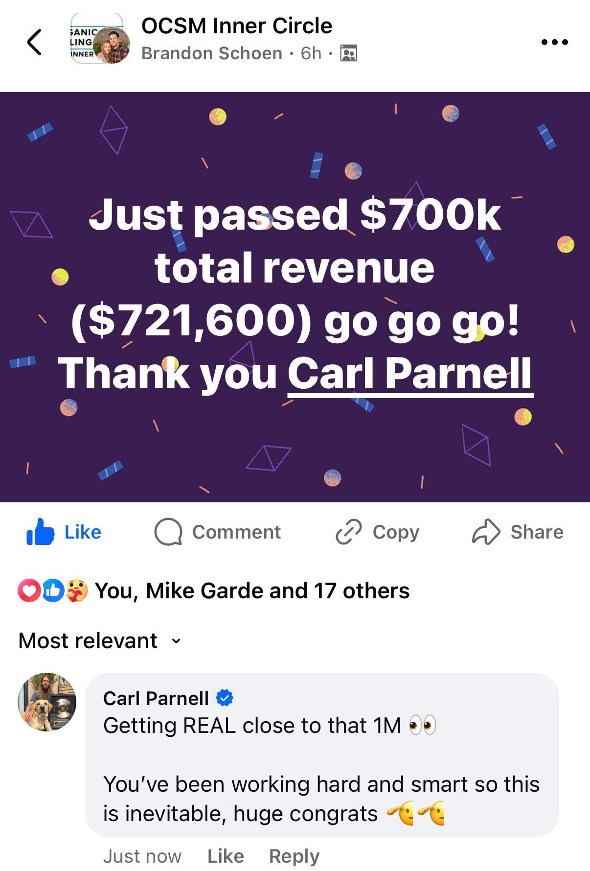 Brandon Schoen's post · just passed $700K total revenue ($721,600) · thank you Carl Parnell