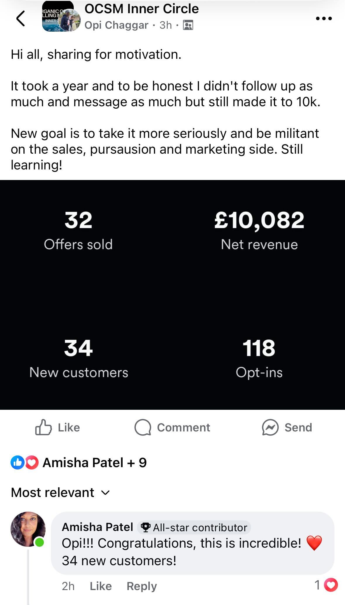 Opi Chaggar's post · 10,082 pounds net revenue · 34 new customers