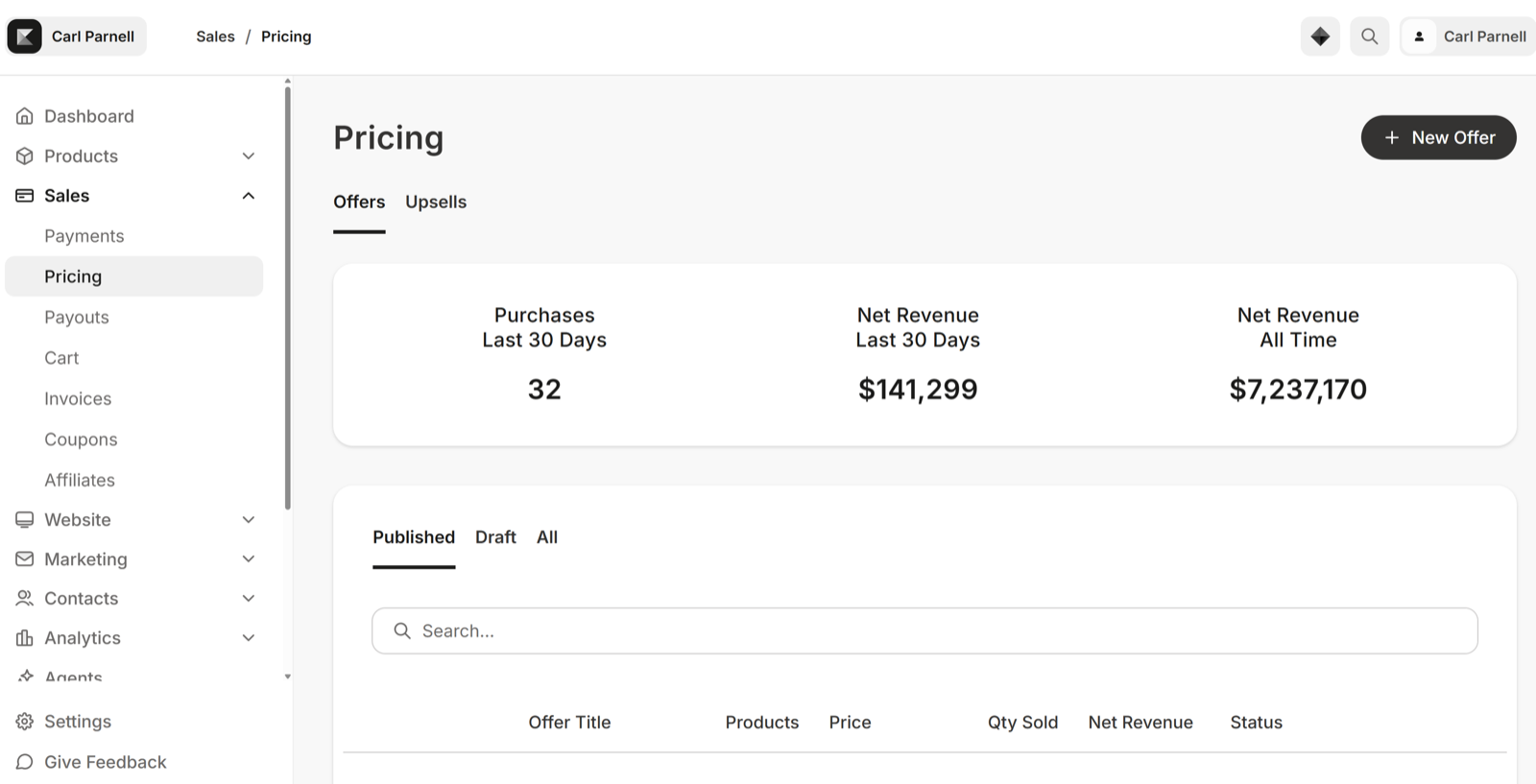 Kajabi sales dashboard · $7,237,170 net revenue all time