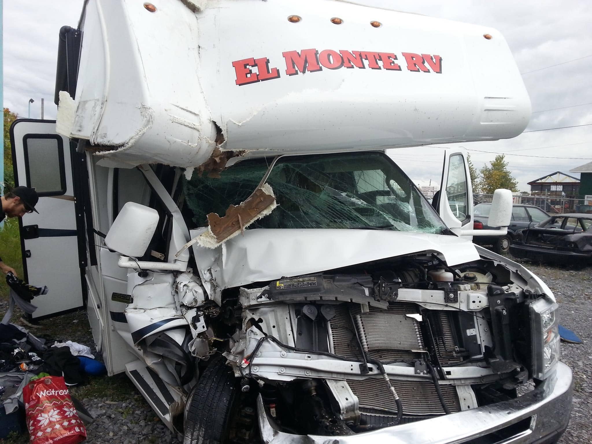 The band's rental RV, front end destroyed after the crash