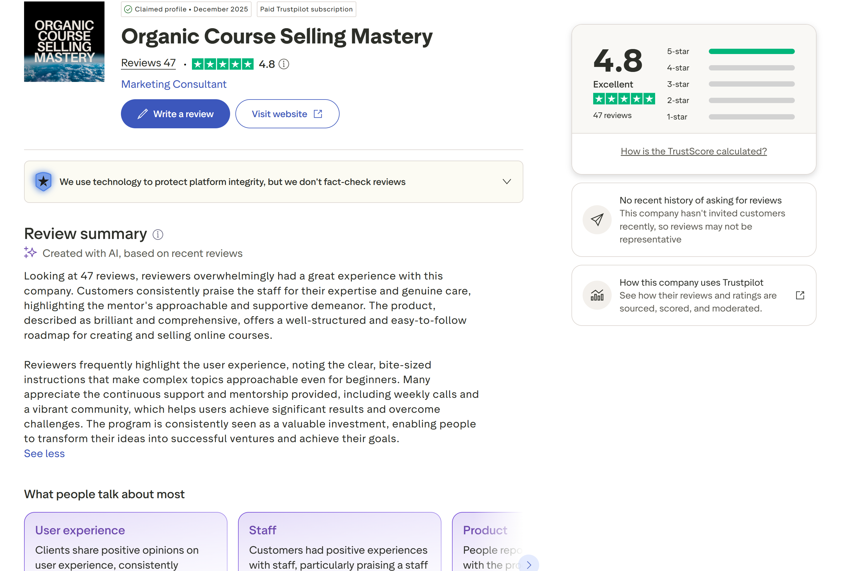 Trustpilot page · Organic Course Selling Mastery · 4.8 · 47 reviews · claimed December 2025